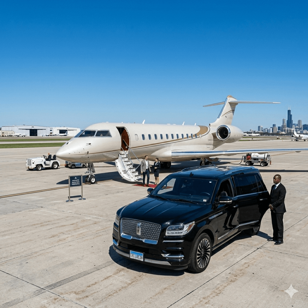 O’Hare Airport Limo Service with Luxury SUV picking up passengers O'Hare Airport Limo Service with Luxury SUV picking up passengers