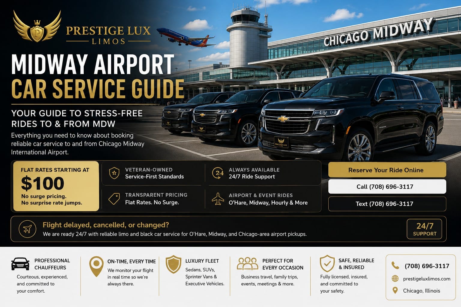 Midway airport car service guide — Prestige Lux Limos black luxury SUVs at Chicago Midway International Airport, veteran-owned flat-rate rides to and from MDW starting at $100 with flight tracking and 24/7 support