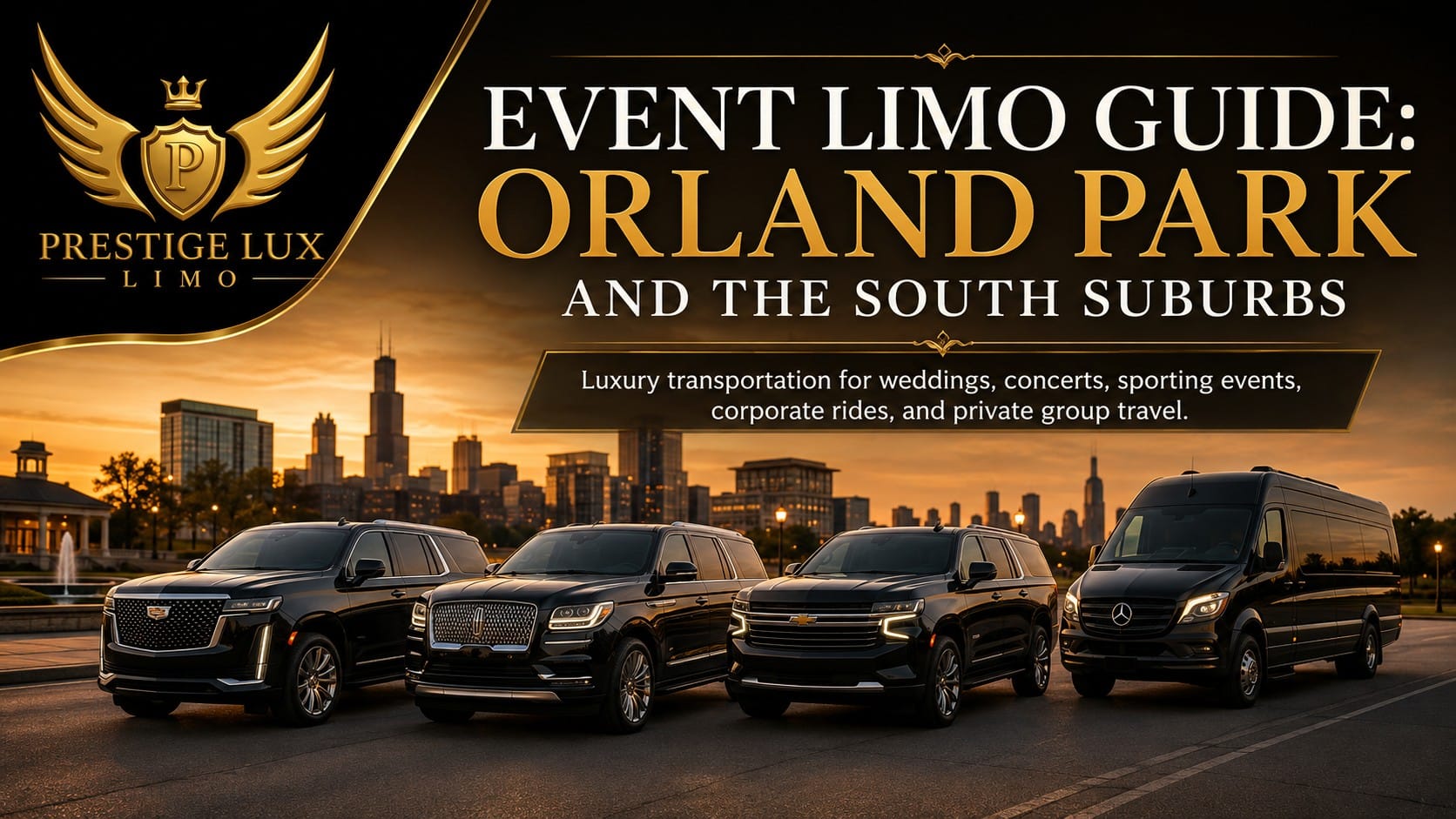 Prestige Lux Limos event limo guide — veteran owned and operated luxury Escalade, Navigator and Suburban SUVs with Sprinter serving Orland Park and Chicago's south suburbs