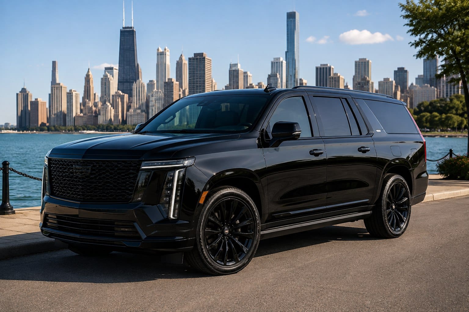Chicago luxury SUV service with black premium SUV in downtown Chicago