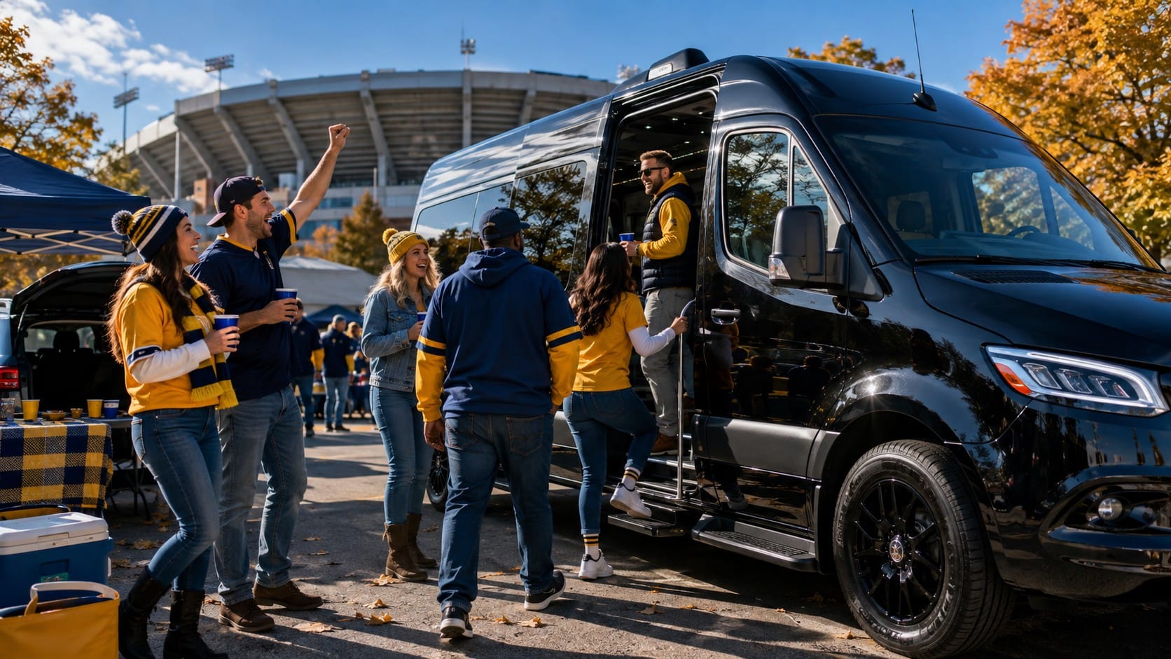 Group enjoying a chauffeured ride from Chicago to South Bend for game day