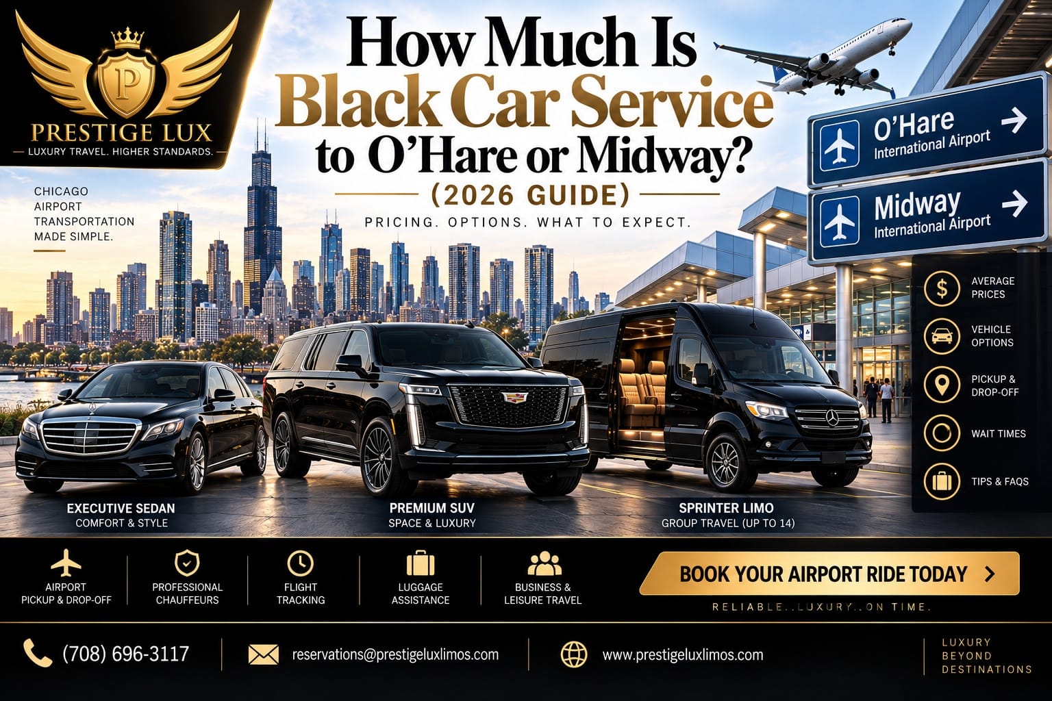 Prestige Lux 2026 pricing guide for black car service to O'Hare or Midway — sedan, Cadillac SUV, and Sprinter fleet