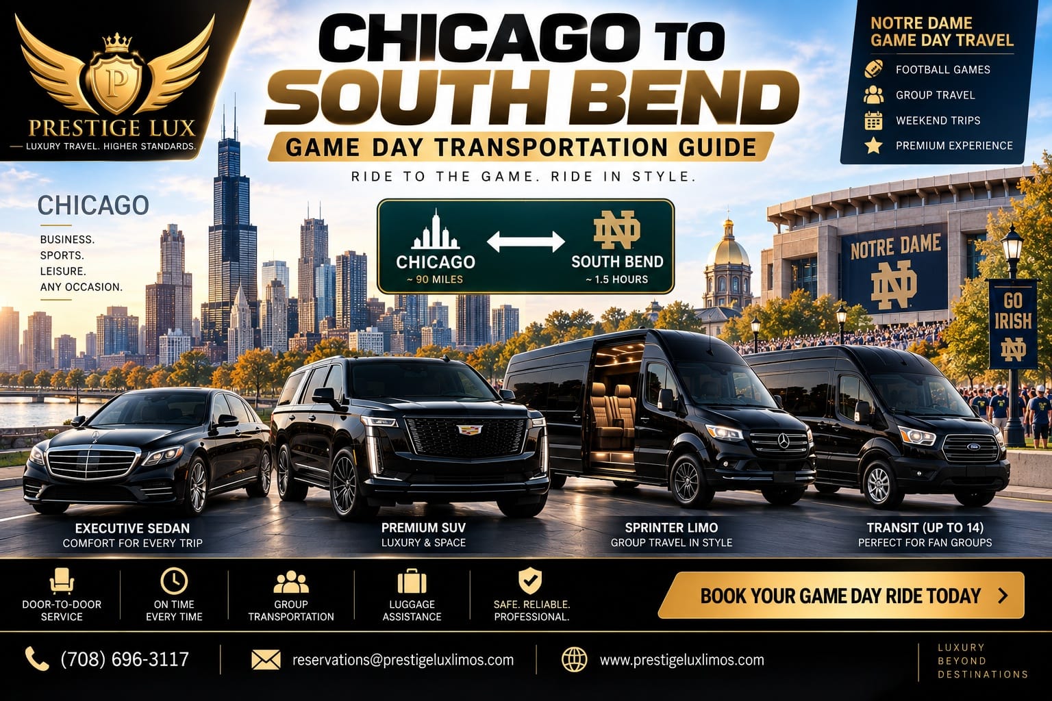 Prestige Lux Chicago to South Bend Notre Dame game day car service — sedan, Cadillac SUV, Sprinter, and van fleet