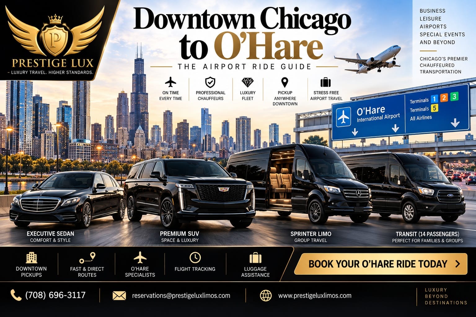 Prestige Lux Downtown Chicago to O'Hare airport ride guide — chauffeured sedan, SUV, Sprinter limo, and van service