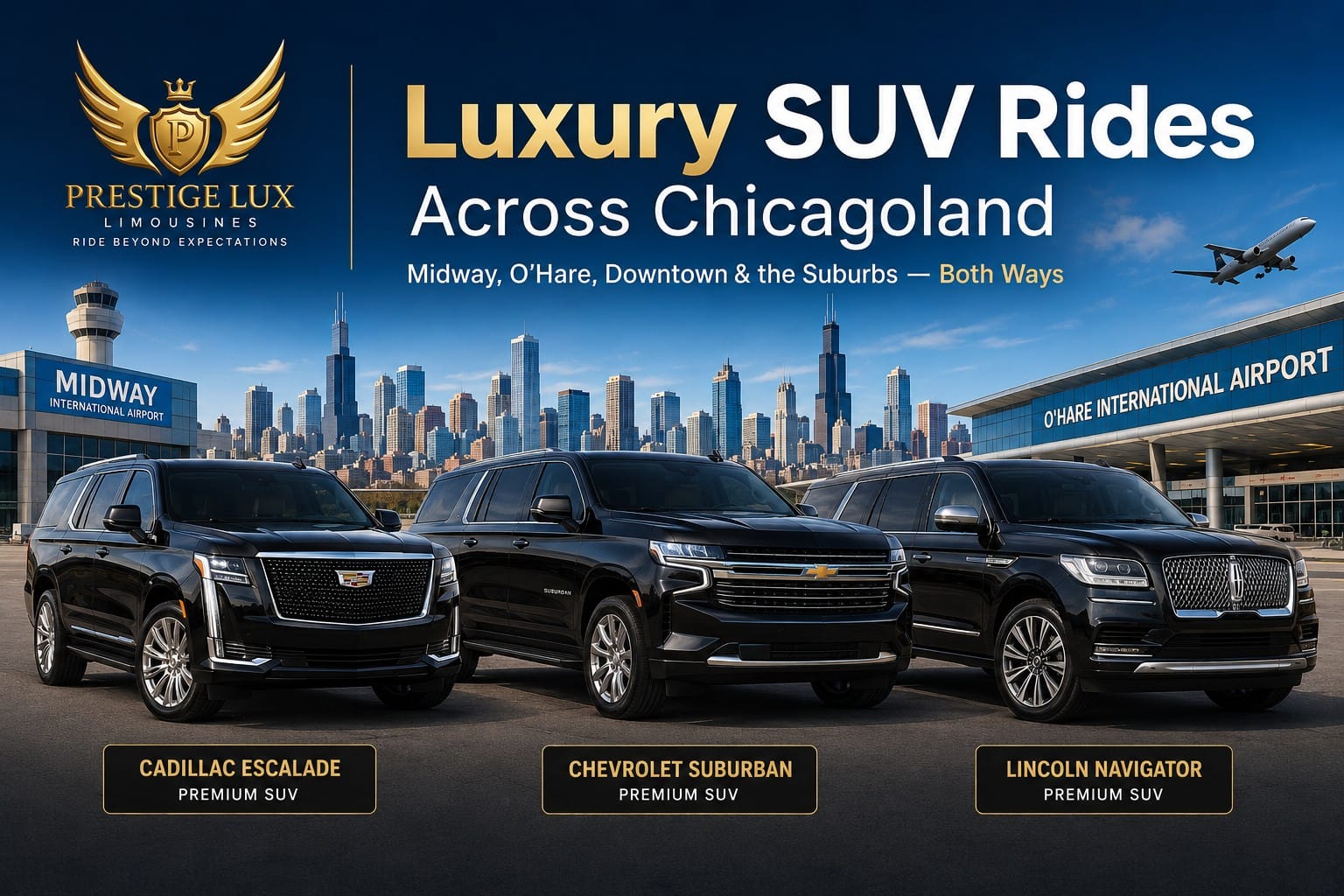 Black full-size luxury SUV for Chicagoland airport transfers — Prestige Lux Limos