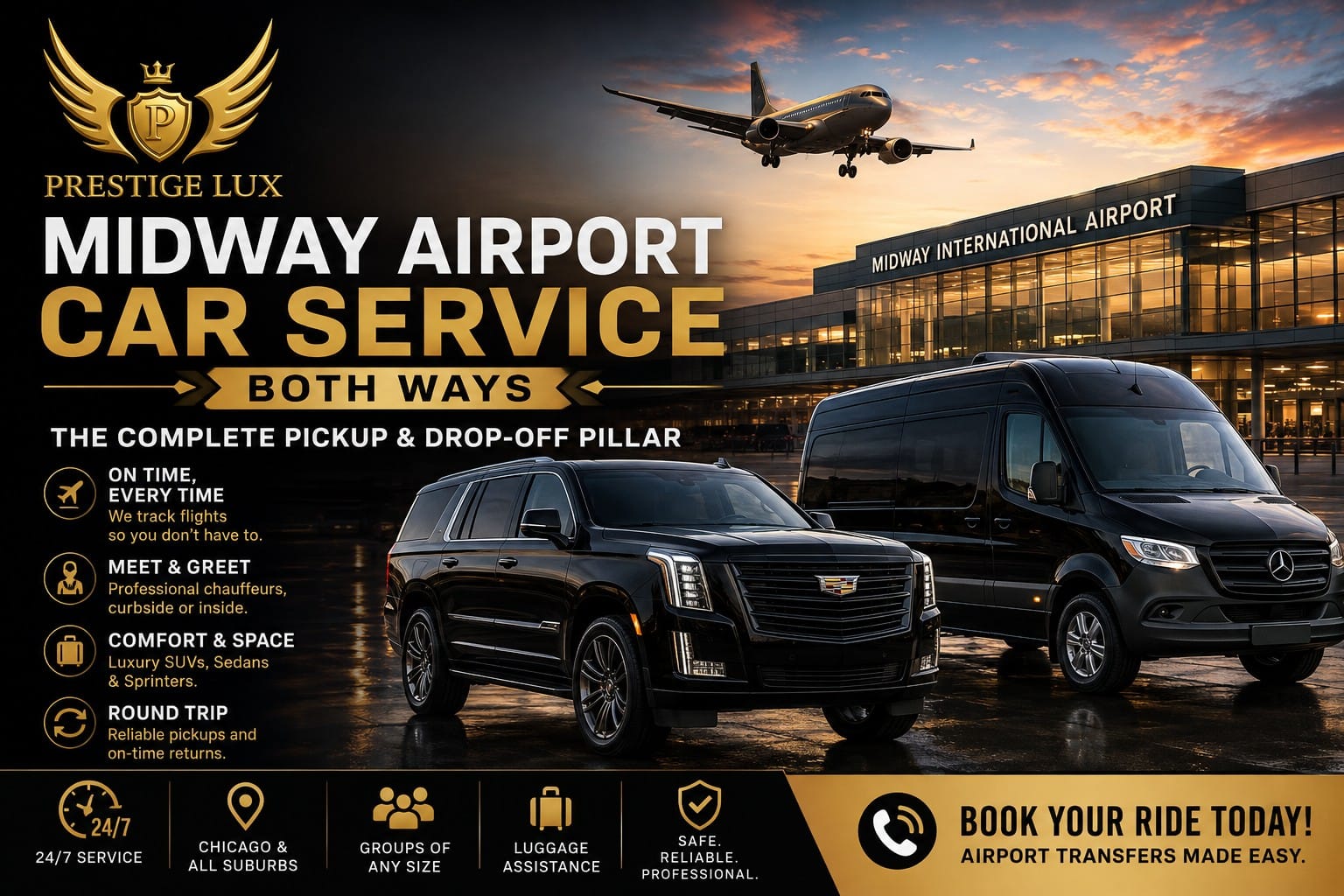 Midway airport car service both ways — the complete pickup and drop-off pillar from Prestige Lux Limos, luxury Escalade SUV and Mercedes Sprinter at Midway International Airport, flight-tracked on time every time, meet and greet curbside or inside, 24/7 service for Chicago and all suburbs