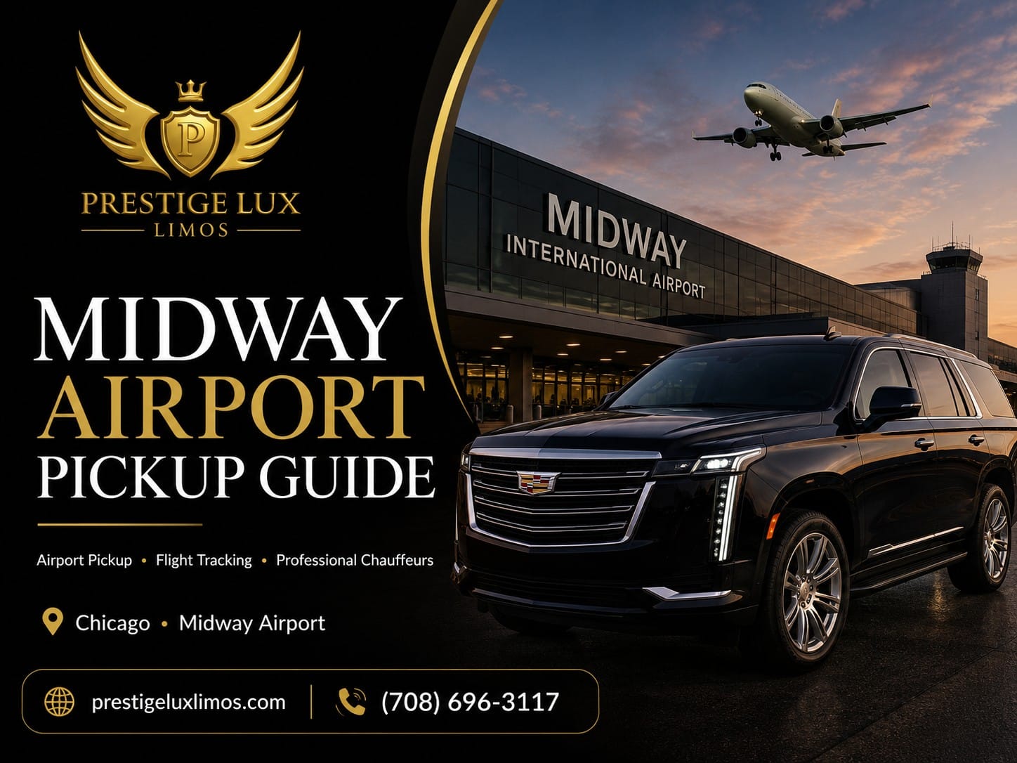 Midway airport pickup guide from Prestige Lux Limos — luxury Escalade SUV outside Midway International Airport, flight-tracked airport pickup with professional chauffeurs serving Chicago, book at prestigeluxlimos.com or call (708) 696-3117