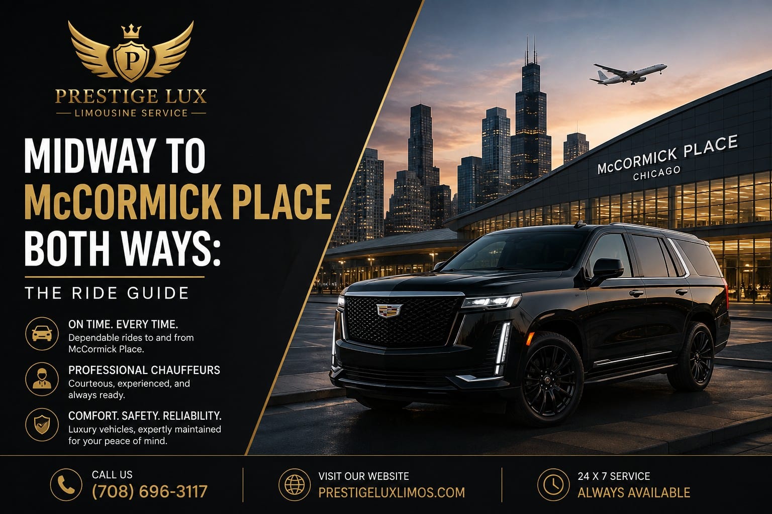 Alt text: Midway to McCormick Place both ways — the ride guide from Prestige Lux Limos, luxury Escalade SUV at McCormick Place Chicago with dependable rides to and from the convention center, professional chauffeurs, 24/7 service, call (708) 696-3117 or visit prestigeluxlimos.com