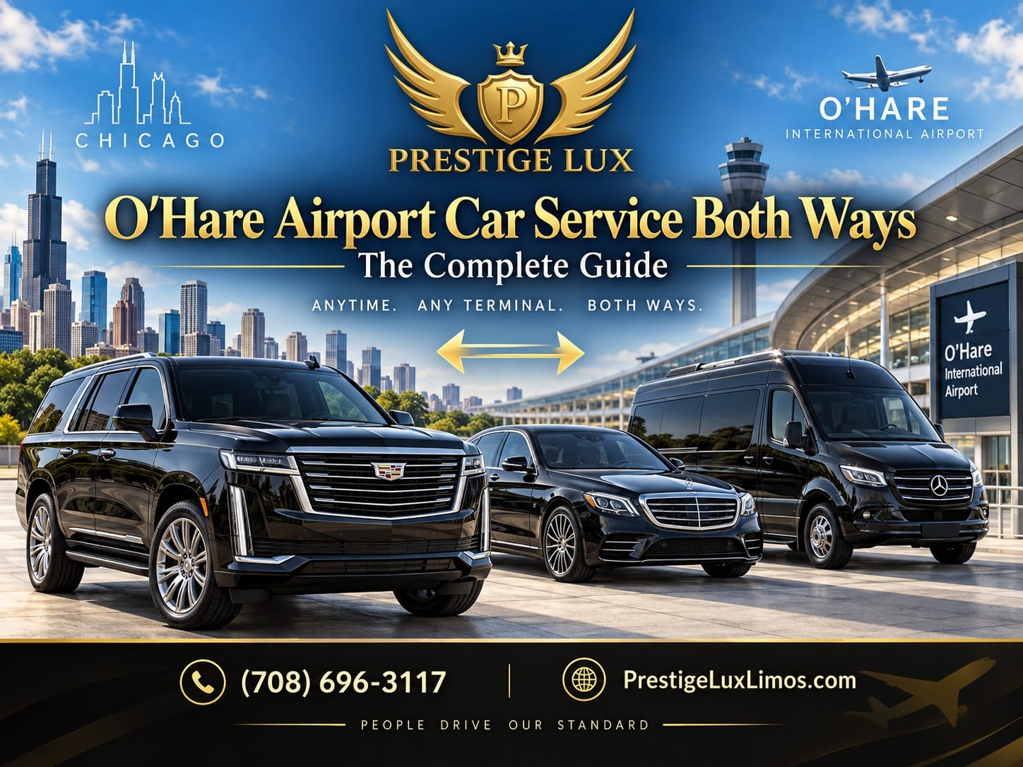 Prestige Lux O'Hare airport car service both ways — black Cadillac Escalade, Mercedes sedan, and Sprinter van with Chicago skyline