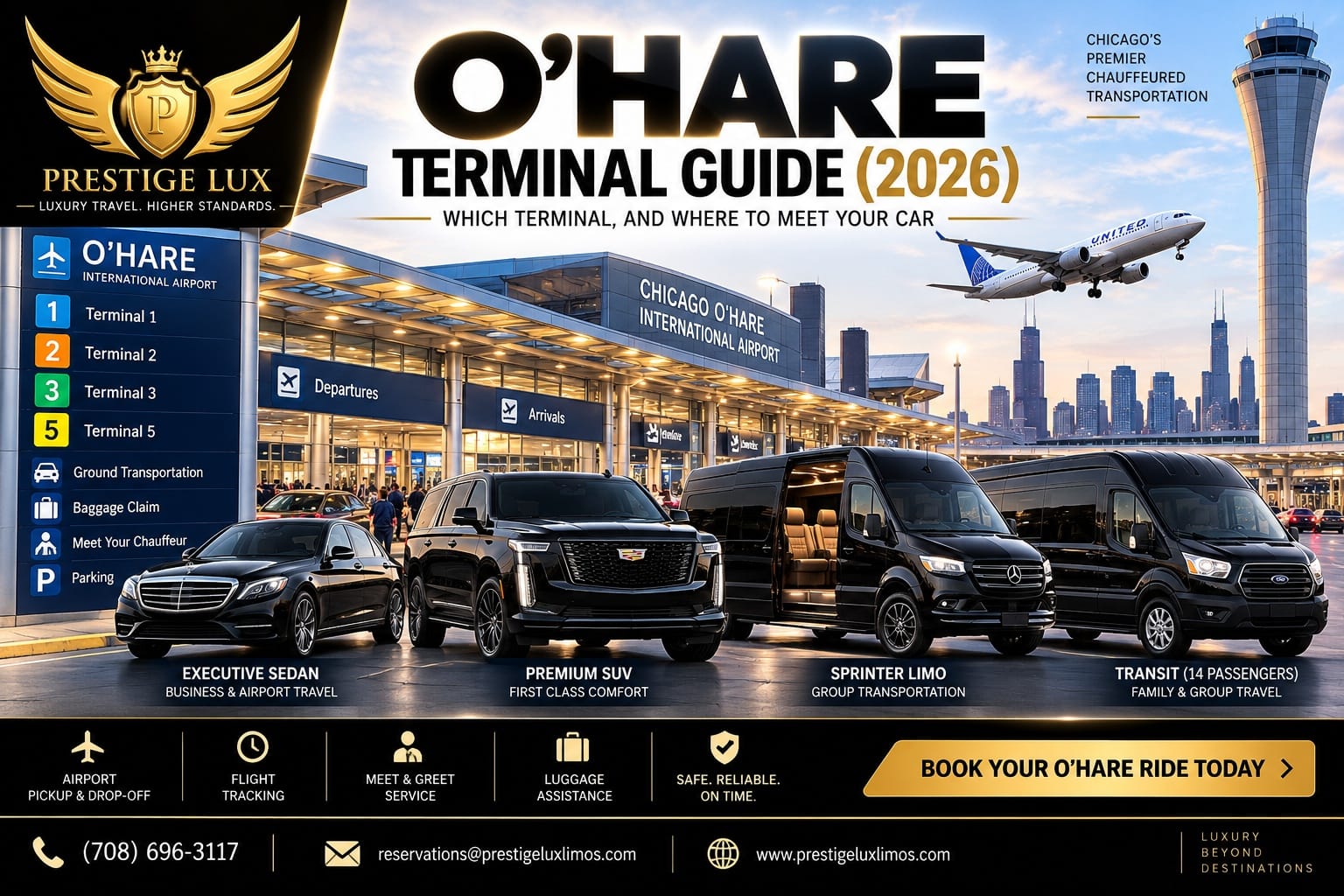 O'Hare International Airport terminal guide 2026 by Prestige Lux — chauffeured black car and limo service showing executive sedan, premium SUV, Sprinter limo, and 14-passenger transit van at Chicago O'Hare with terminal map for Terminals 1, 2, 3, and 5
