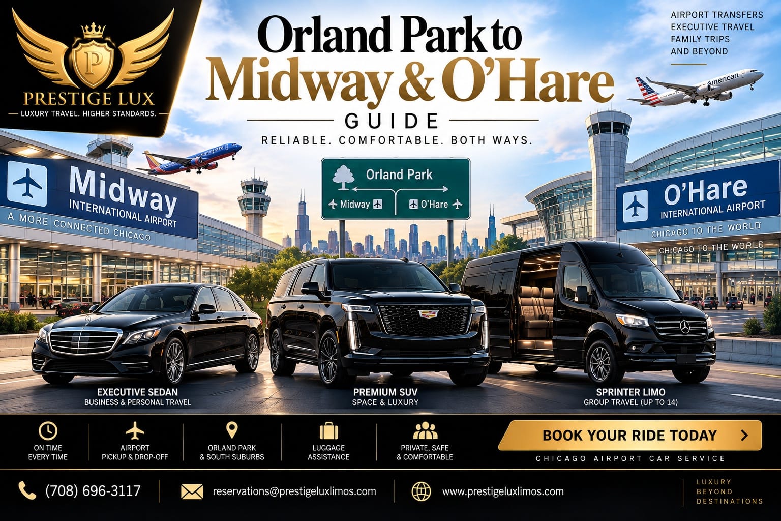 Prestige Lux Orland Park to Midway & O'Hare car service — black sedan, Cadillac SUV, and Sprinter van with airport signage