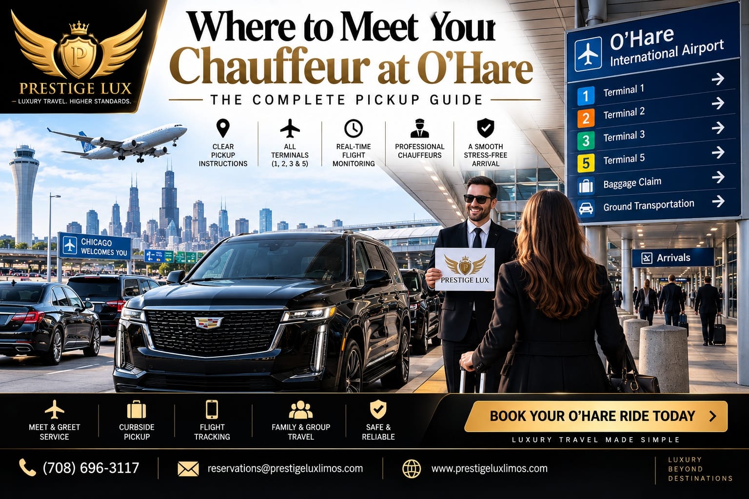 Prestige Lux guide to meeting your chauffeur at O'Hare — driver with name sign greeting traveler beside a black Cadillac SUV