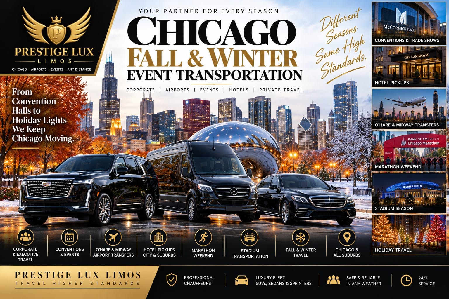 Chicago fall and winter event transportation with a black Escalade, Sprinter van and sedan in front of the Chicago skyline, alongside convention, hotel, airport, marathon, stadium and holiday travel scenes