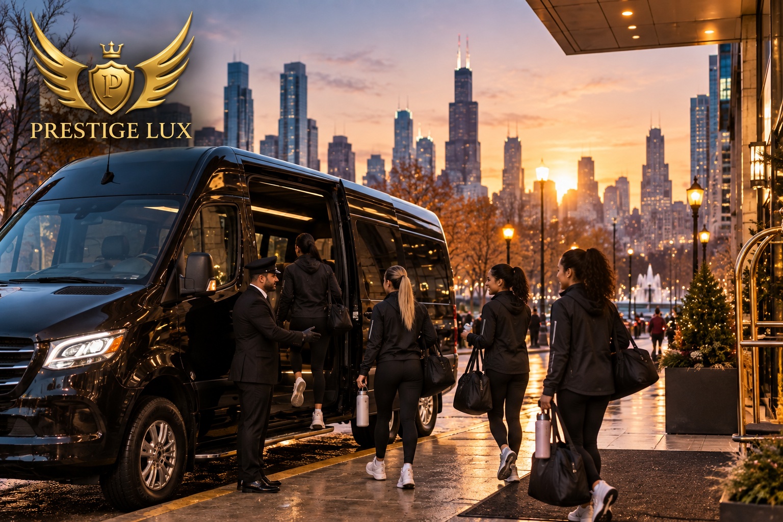 Prestige Lux Limos chauffeur helping a group with gym bags into a black Mercedes Sprinter van outside a Chicago hotel at golden hour