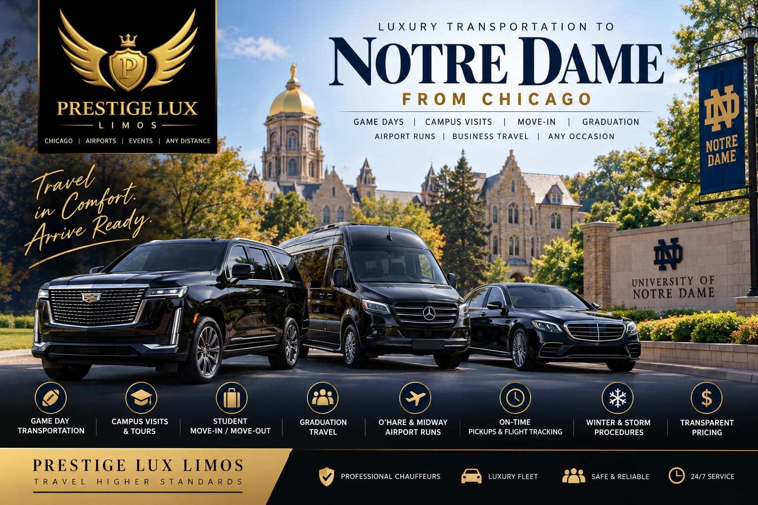 Luxury transportation from Chicago to Notre Dame, with a black Cadillac Escalade, Mercedes Sprinter van and sedan parked at the University of Notre Dame campus entrance
