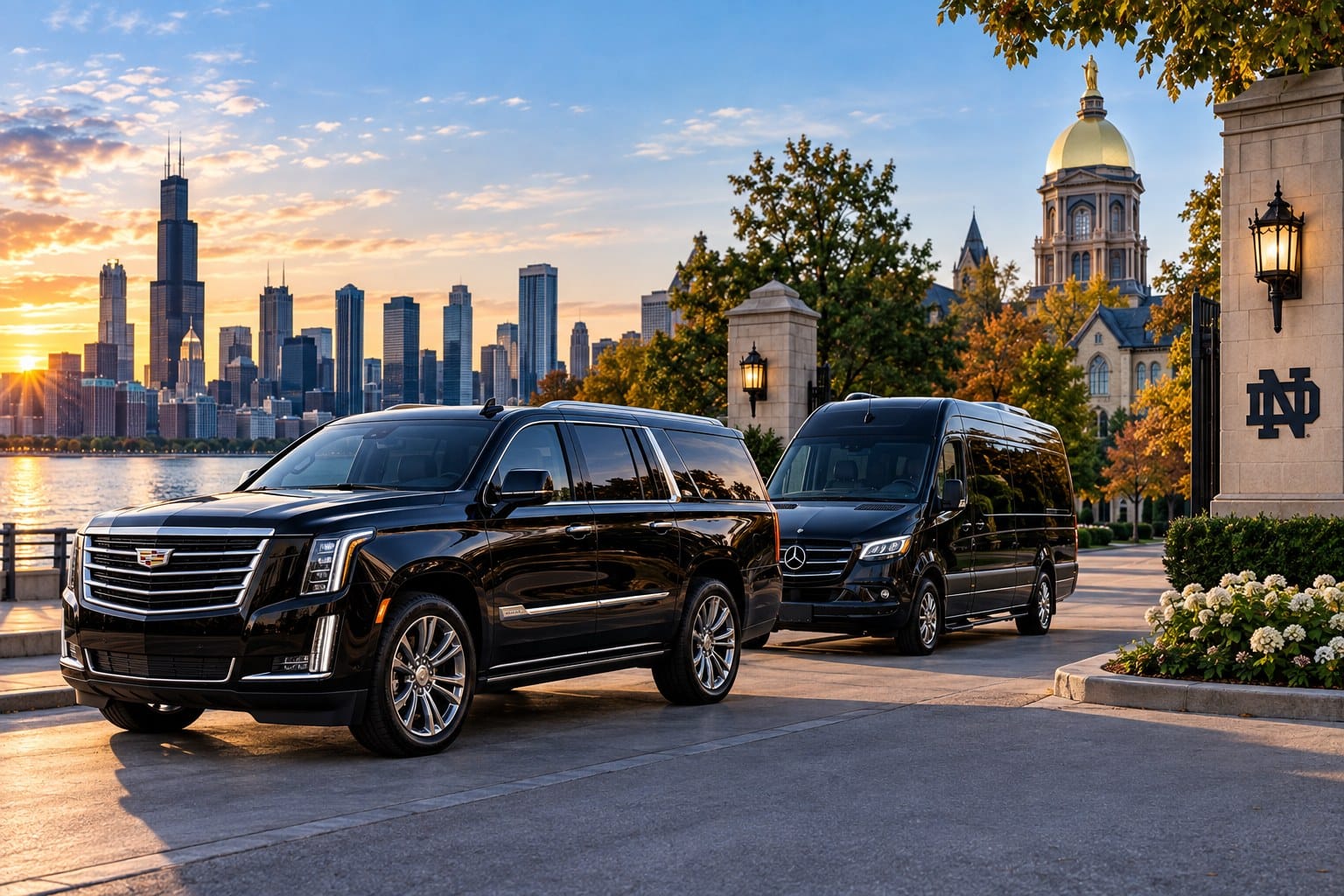 Black Cadillac Escalade and Mercedes-Benz Sprinter for Chicago to Notre Dame limo service.