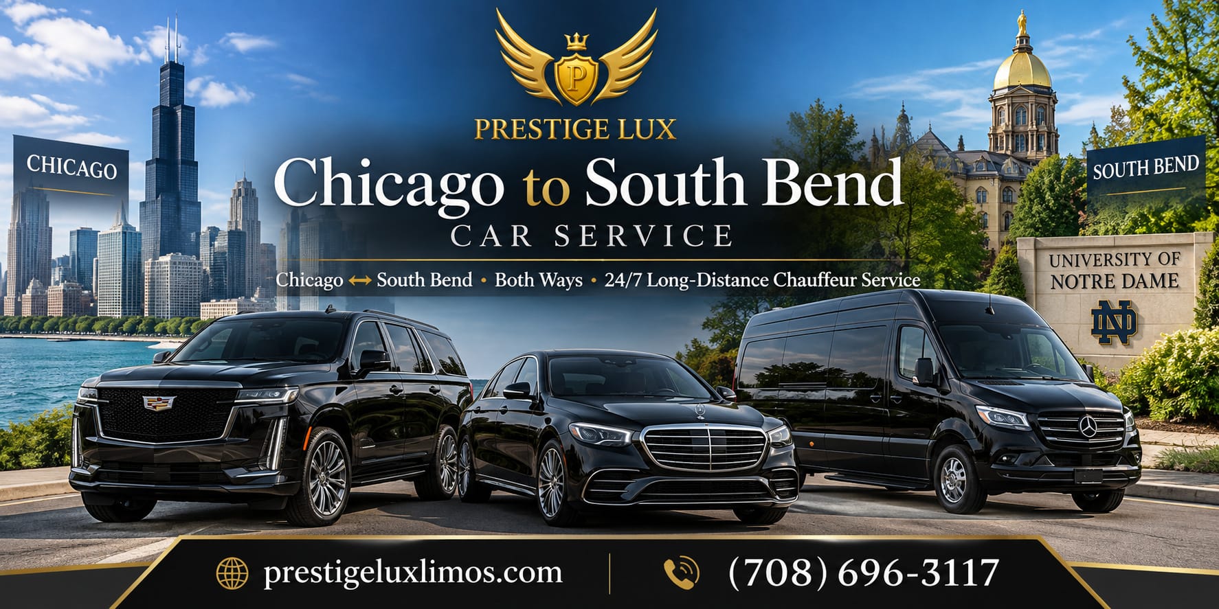 chicago-to-south-bend-car-service Prestige Lux Chicago to South Bend car service with a black SUV, sedan and Sprinter van between the Chicago skyline and the Notre Dame campus
