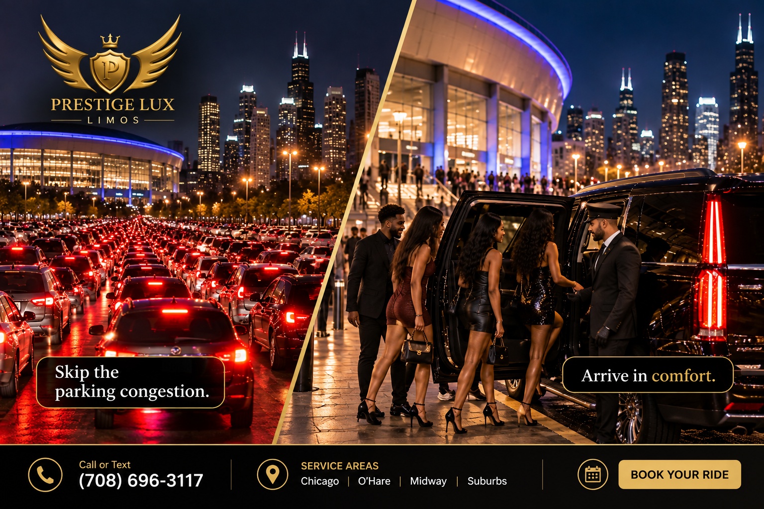 Prestige Lux Limos concert ride: friends boarding a black SUV at the curb while cars sit in a packed parking lot exit