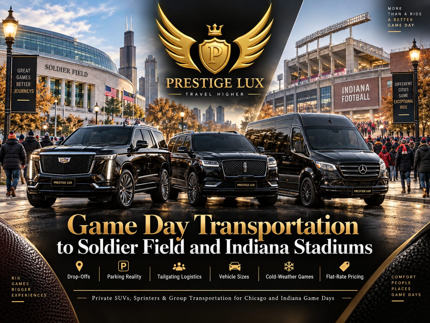 game-day-transportation-soldier-field-indiana (1) Prestige Lux game day transportation with a black SUV, Lincoln Navigator and Sprinter van outside Soldier Field and an Indiana football stadium