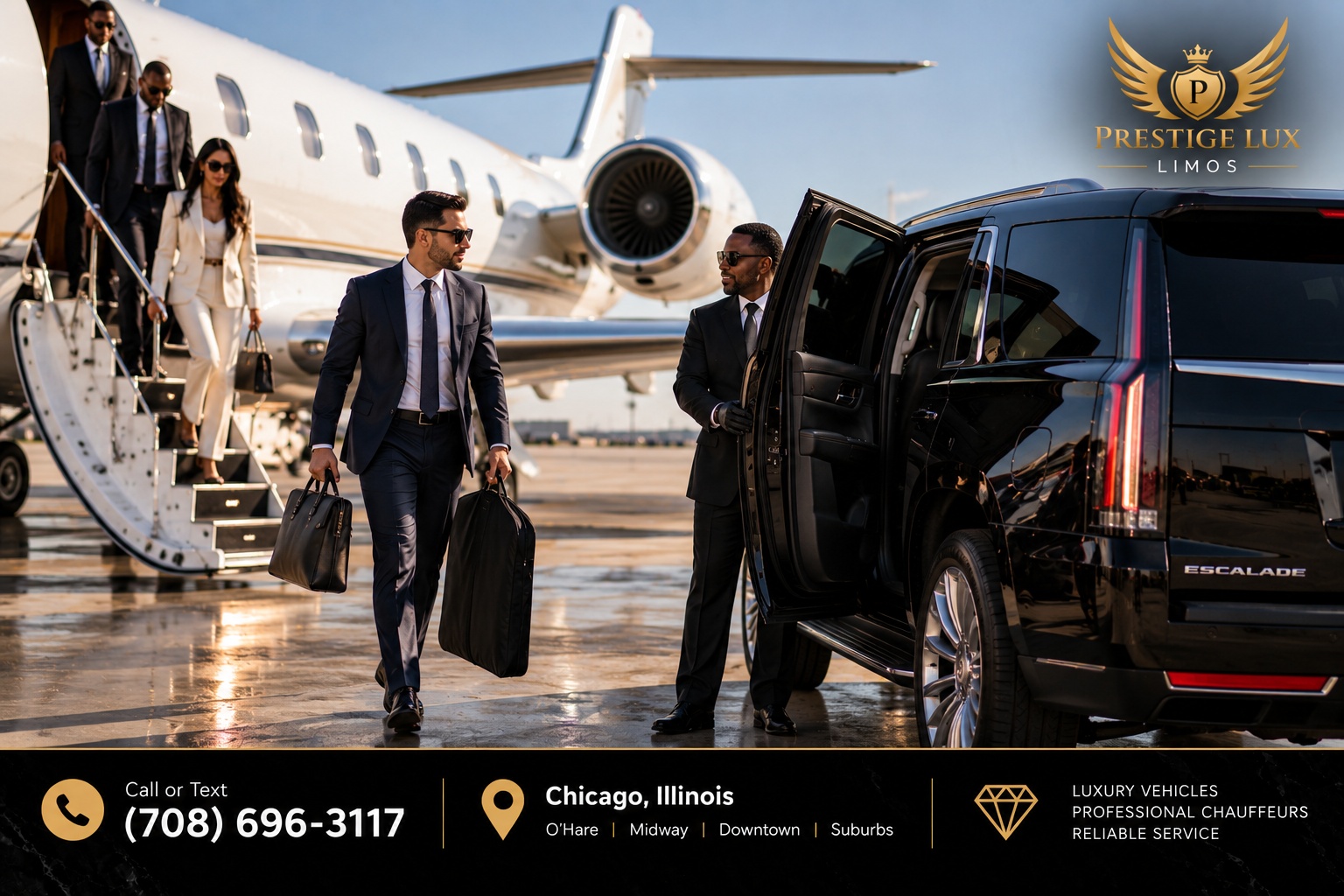 Prestige Lux Limos chauffeur greeting a traveler stepping off a private jet at Gary/Chicago International Airport