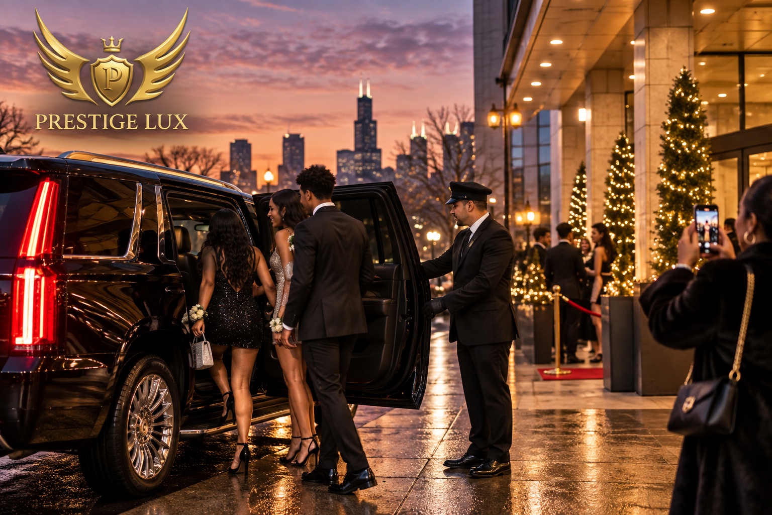 Prestige Lux Limos chauffeur helping students in formal attire into a black SUV for homecoming while a parent takes a photo