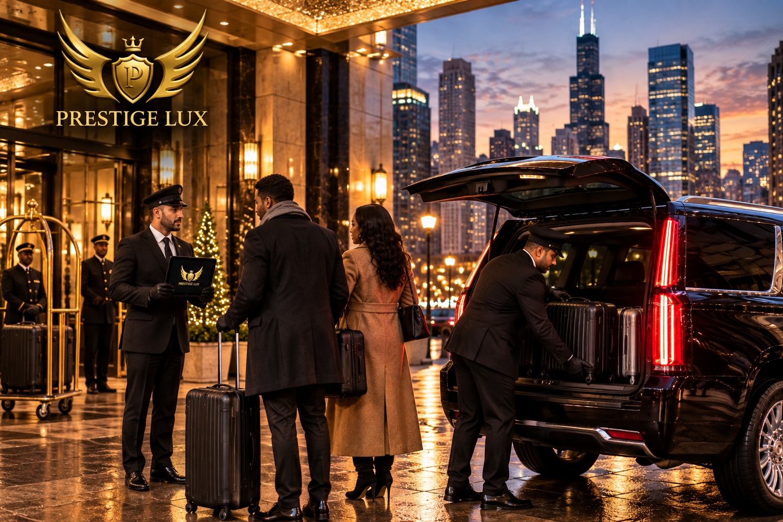 Prestige Lux Limos chauffeurs loading luggage into a black SUV for a couple outside a downtown Chicago hotel at dusk