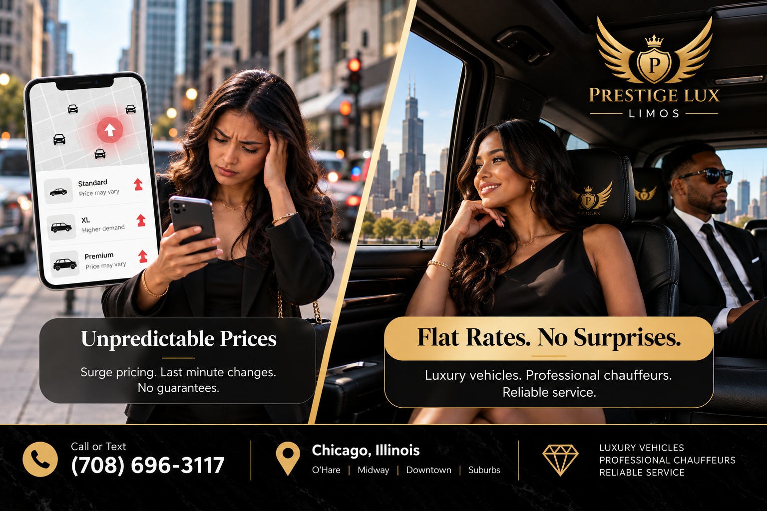 Prestige Lux Limos comparison: a passenger frustrated by unpredictable rideshare pricing versus relaxed with a flat-rate limo