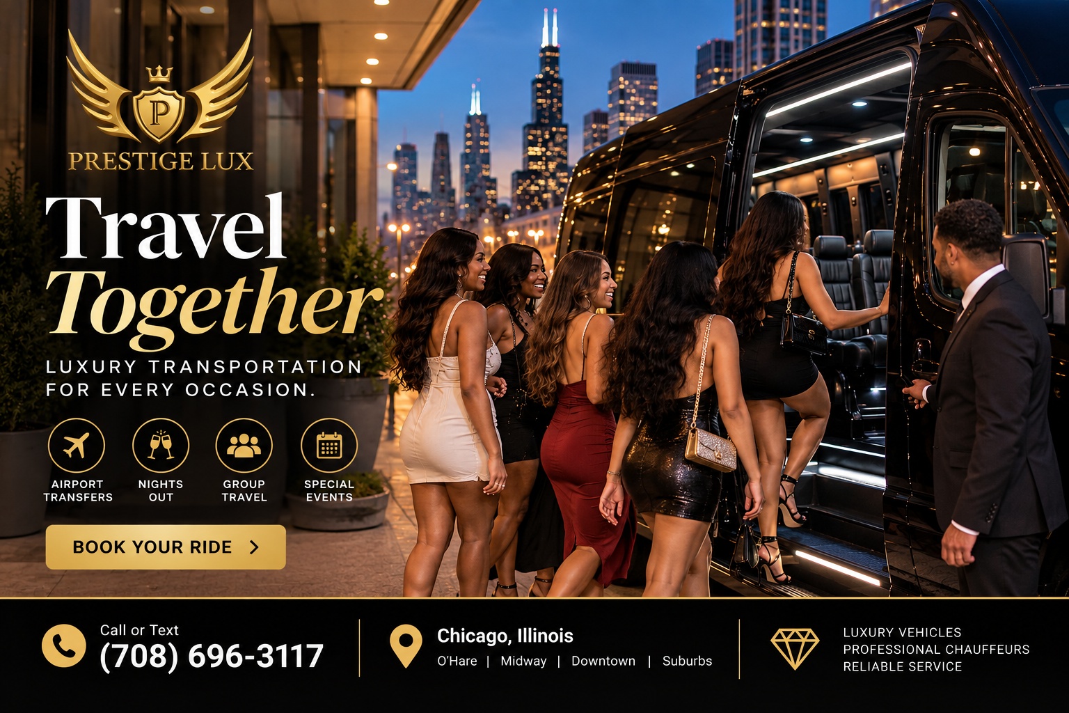 Prestige Lux Limos group of friends boarding a black Sprinter van together at dusk in Chicago