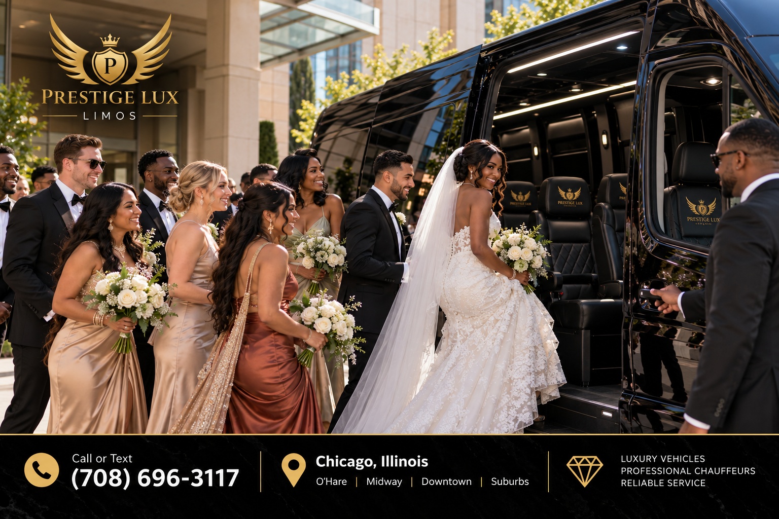 Prestige Lux Limos wedding party boarding a black Sprinter van in Chicago