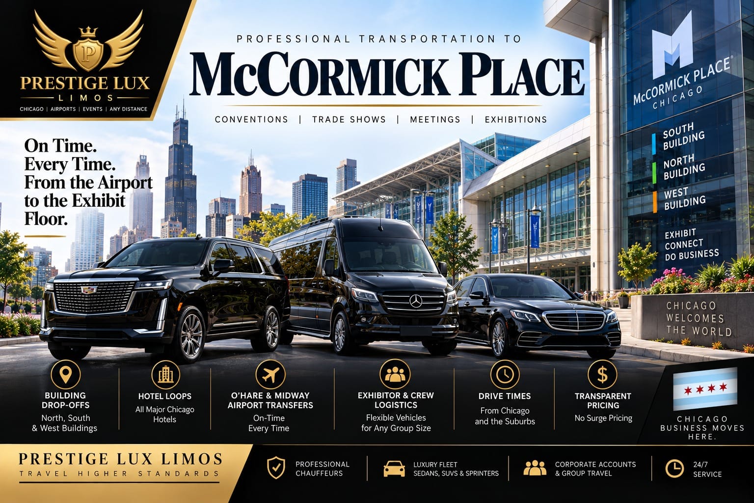 Professional transportation to McCormick Place, with a black Escalade, Sprinter van and sedan outside the convention center and the Chicago skyline behind