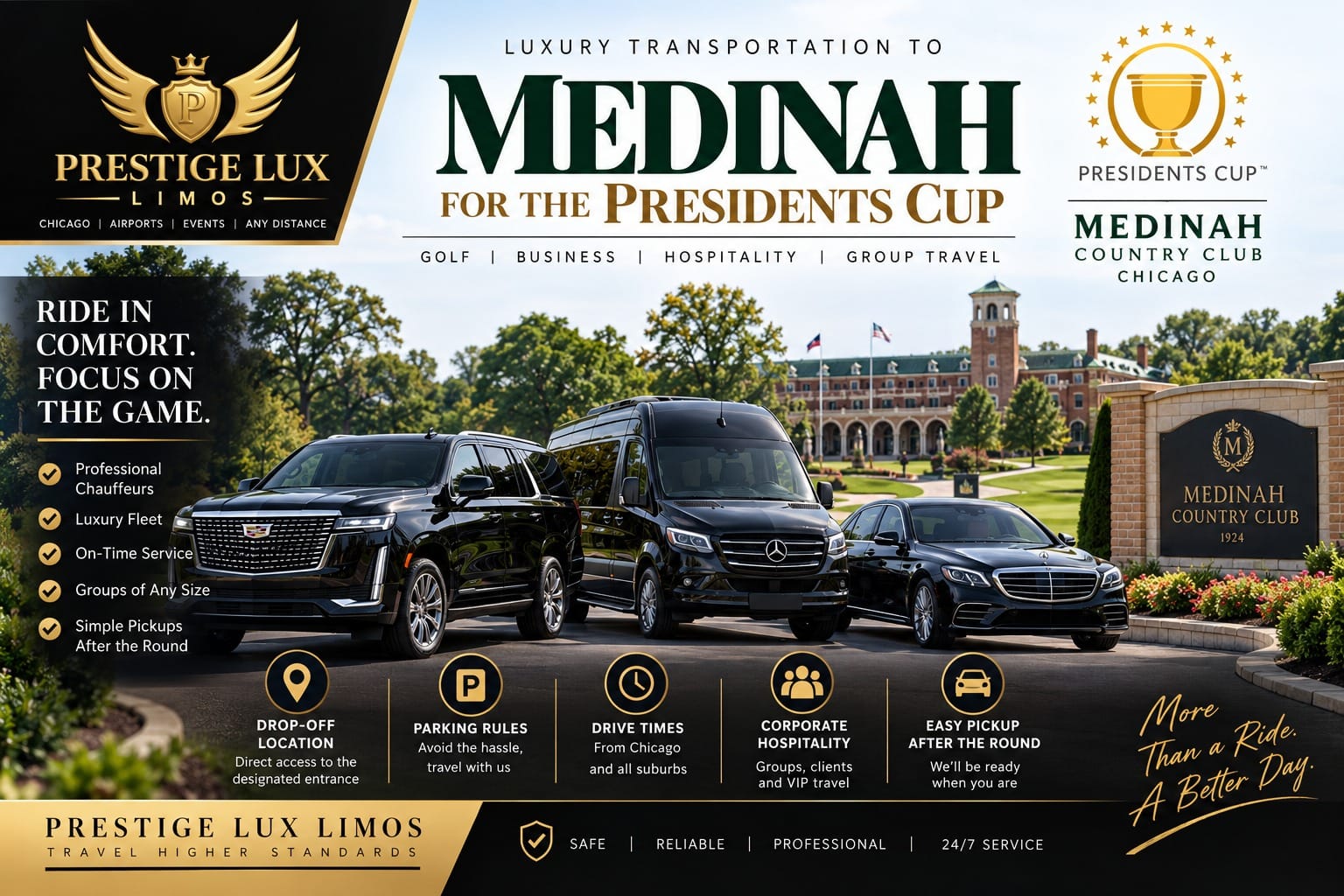 Luxury transportation to Medinah Country Club for the Presidents Cup, with a black Escalade, Sprinter van and sedan at the club entrance