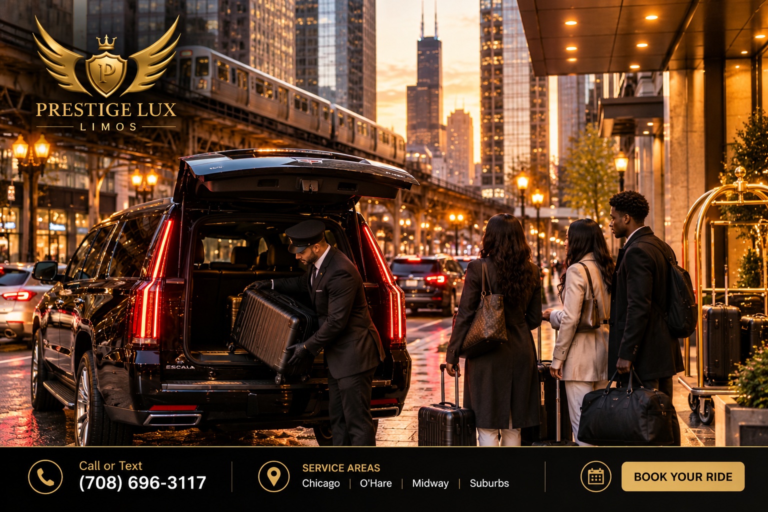 Prestige Lux Limos chauffeur unloading luggage from a black SUV for arriving guests at a downtown Chicago hotel with the elevated train behind