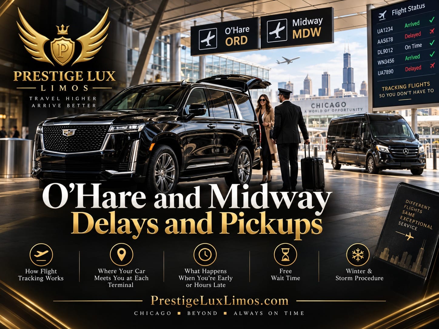 O'Hare and Midway flight delays and pickups, showing a chauffeur meeting a passenger at a black Cadillac Escalade with a flight status board and the Chicago skyline