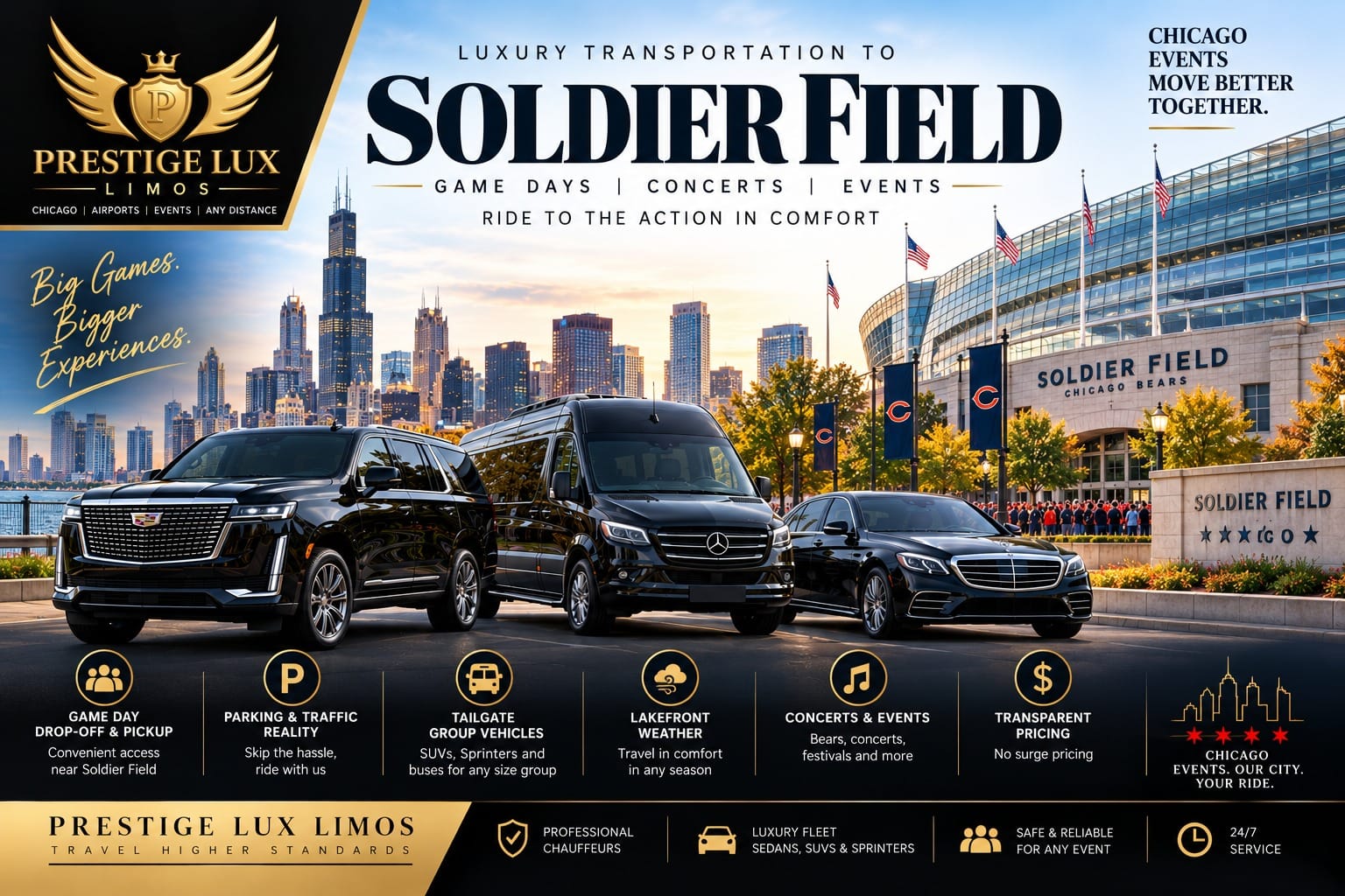 Luxury transportation to Soldier Field for game days and concerts, with a black Escalade, Sprinter van and sedan parked near the stadium with the Chicago skyline behind