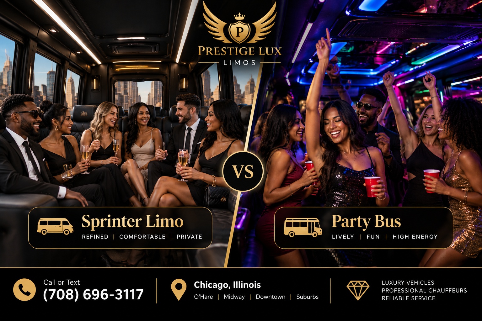 Prestige Lux Limos comparison of Sprinter limo and party bus interiors for Chicago group travel
