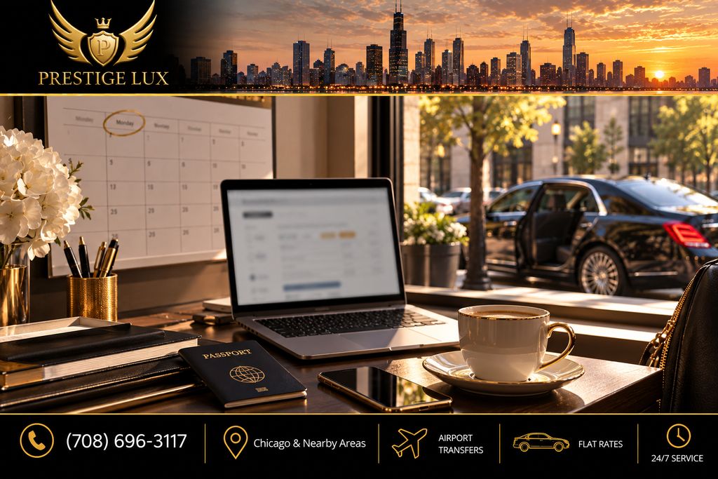 Desk with a laptop, passport, phone and coffee beside a calendar with Monday circled, and a black sedan waiting with its door open outside the window