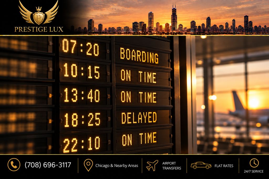 Airport departure board showing flights at 07:20 boarding, 10:15 and 13:40 on time, 18:25 delayed and 22:10 on time, with a sunset terminal window behind