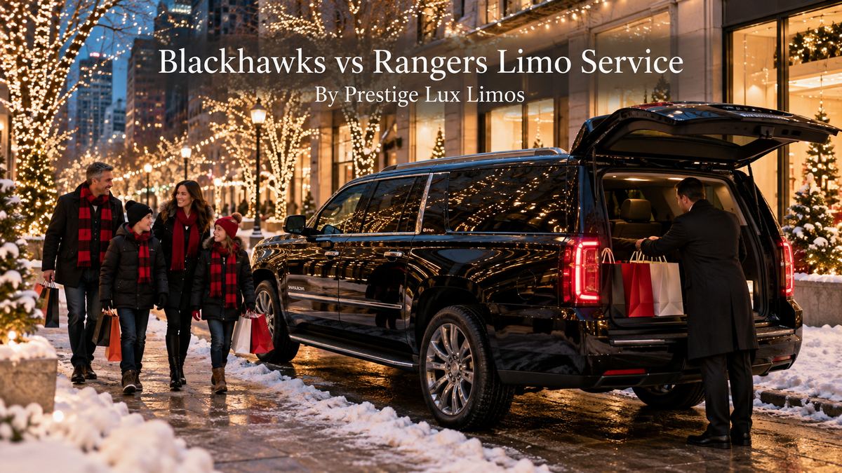 Blackhawks vs Rangers limo service with a black GMC Yukon XL and chauffeur loading holiday shopping bags on a snowy downtown Chicago avenue lined with holiday lights