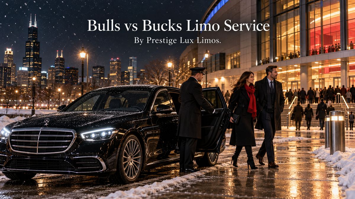 Bulls vs Bucks limo service with a black Mercedes-Benz S-Class executive sedan and chauffeur dropping off guests near the United Center on a snowy January game night