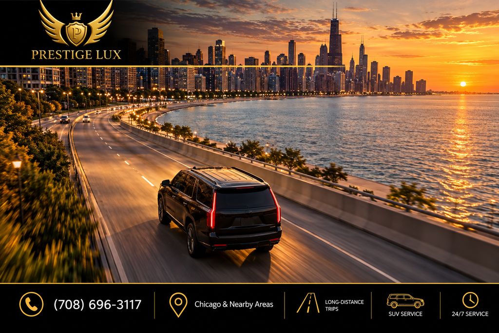Black SUV driving along Chicago's lakefront highway at sunset, with the skyline and Lake Michigan glowing in the background