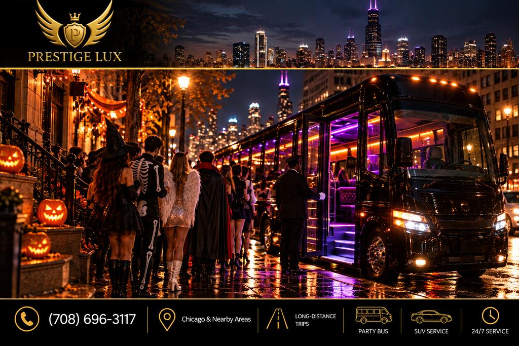 Costumed group lining up on a rain-slicked Chicago sidewalk on Halloween night as a chauffeur holds the door of a purple-lit party bus
