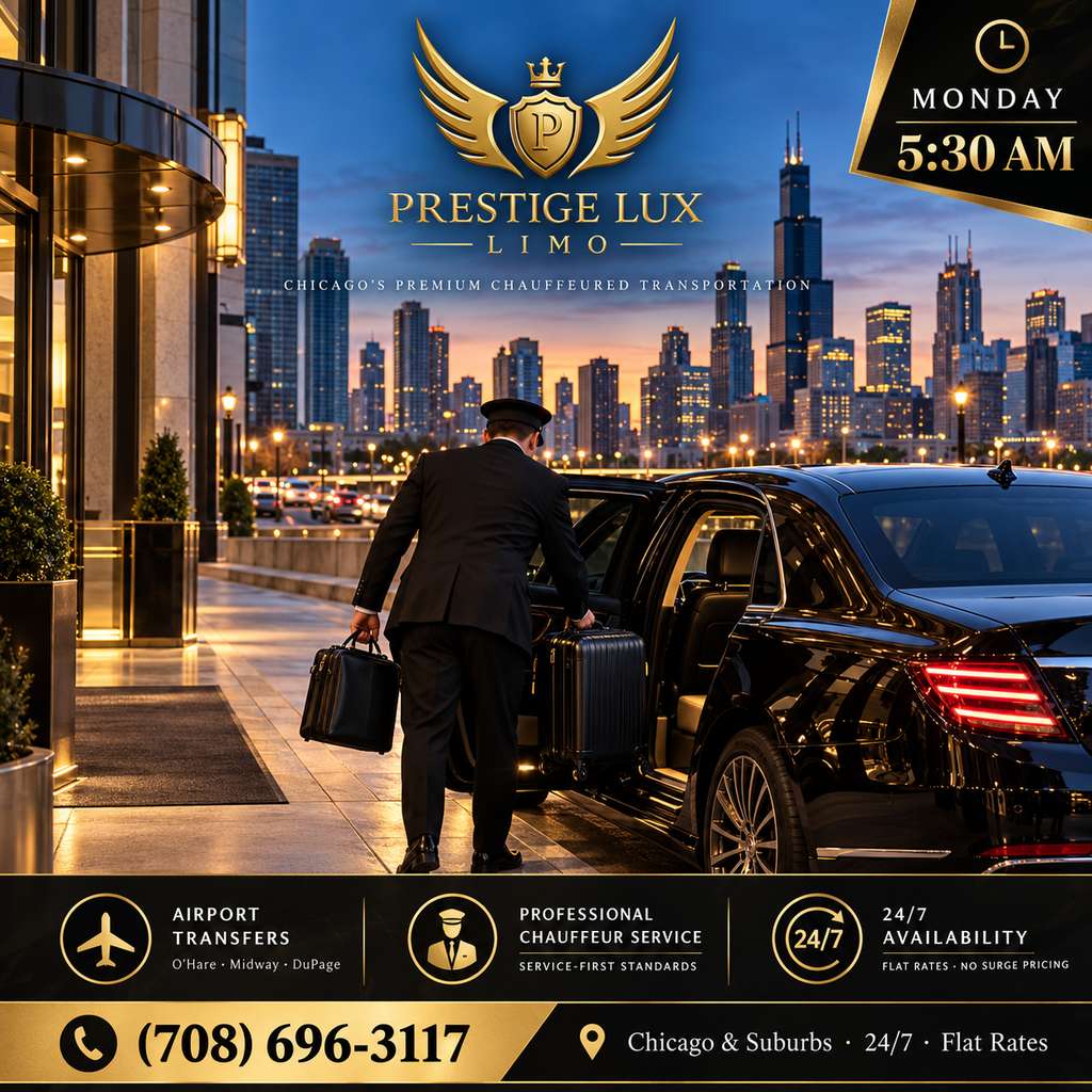 Chauffeur loading a briefcase and suitcase into a black sedan outside a downtown Chicago hotel at dawn, for a Monday morning car service to O’Hare