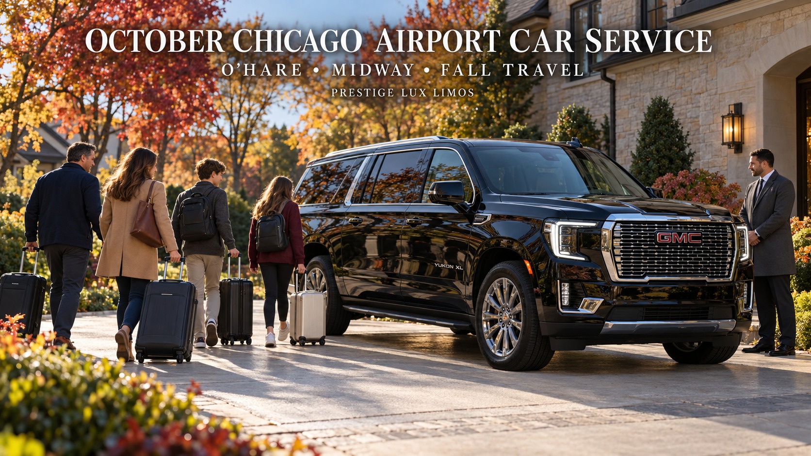 Black GMC Yukon XL with Prestige Lux Limos chauffeur and family travelers leaving a Chicago suburb for an October O’Hare or Midway Airport trip.