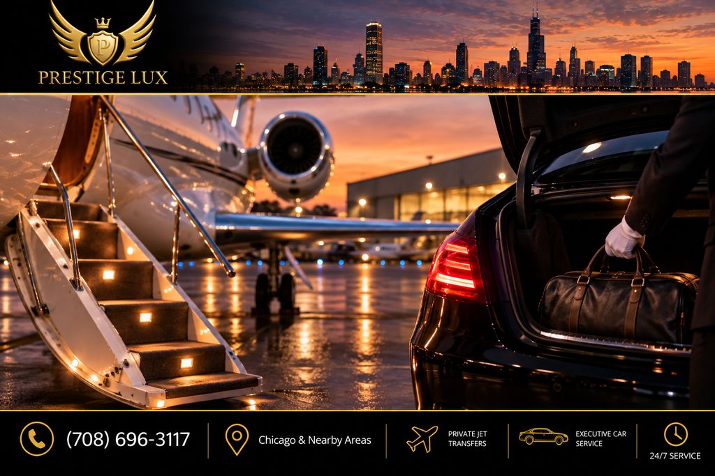 Chauffeur's gloved hand placing a leather travel bag into the trunk of a black sedan beside a private jet's lit boarding stairs on an airport ramp at sunset